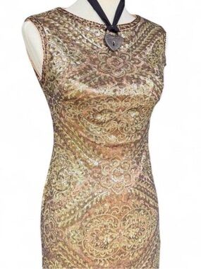 Sue Wong Gold and Silver Sequin Sleeveless Cocktail Dress